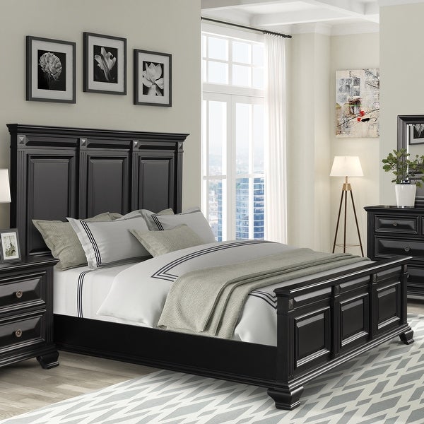 Roundhill Furniture Renova Vintage Black Wood Bedroom Set， Panel Bed， Dresser， Mirror， Two Nightstands - - 31525130