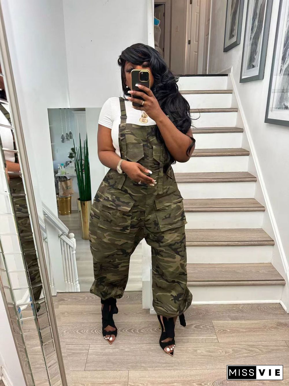 Camo Print Backless Suspenders Cargo Jumpsuits