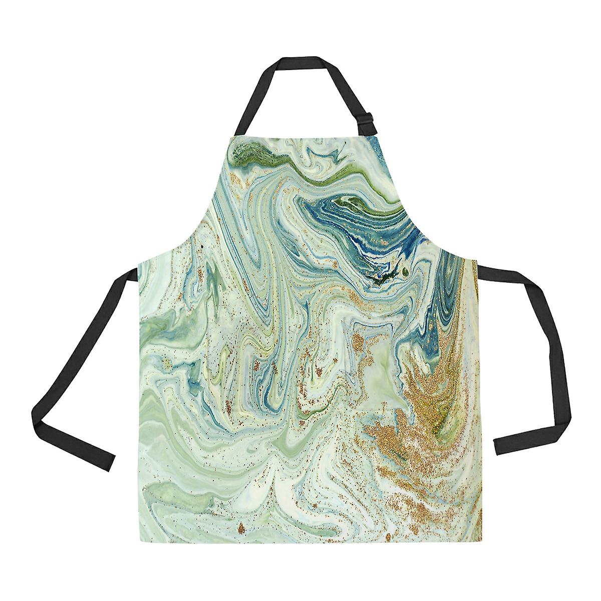 Marbled Blue Green And Golden Liquid Marble Pattern Apron Home Kitchen Apron With Pockets