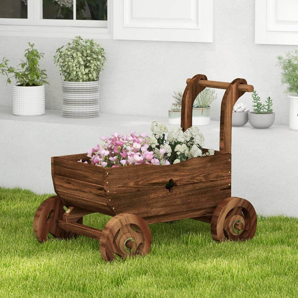 HONEY JOY Wooden Wagon Planter Box Decorative Garden Planter with Wheels Handle Drain Hole Rustic Wooden Flower Planter TOPB006816