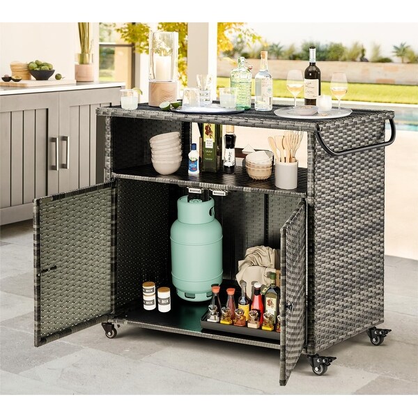 AECOJOY Outdoor Wicker Bar Cart w/Wheels and Shelf Patio Bar Table