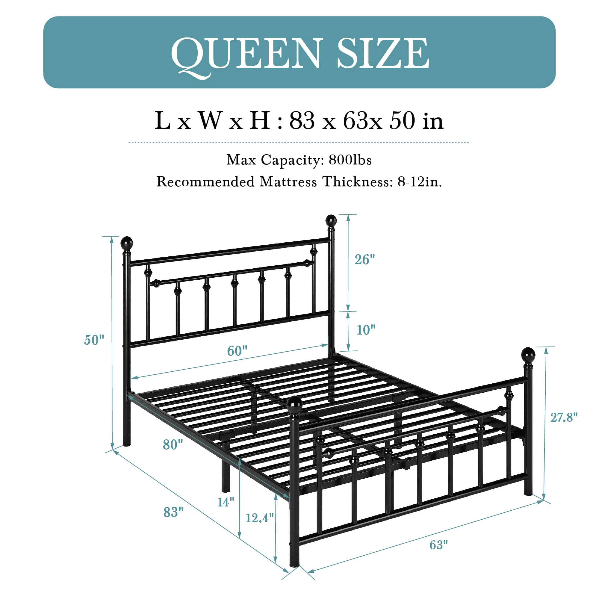 Einfach Queen Size Bed Frame with Victorian Style Iron-Art Headboard and Footboard, Black