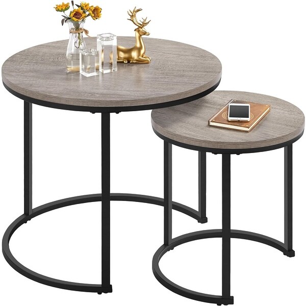 Round Nesting Coffee Table Set Wooden Top Metal Frame Set of 2