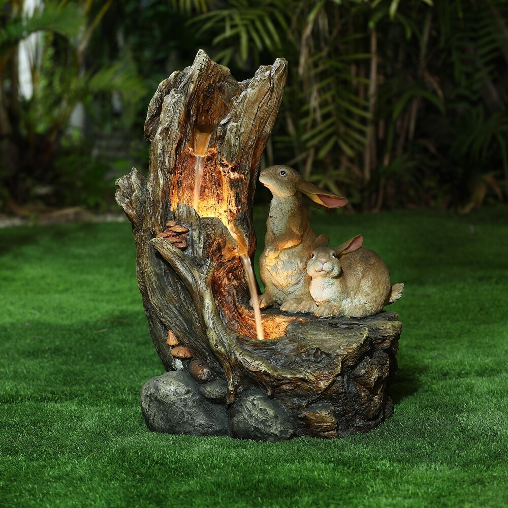 Resin Two Bunnies Tree Stump Outdoor Fountain with LED Lights