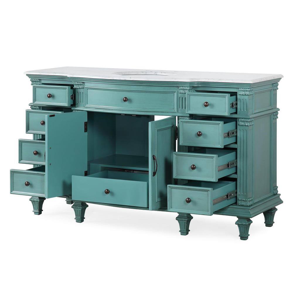 Silkroad Exclusive 60 in. W x 22 in. D x 36 in. H Freestanding Bath Vanity in Retro Green with Carrara White Marble Top V0277NW60C