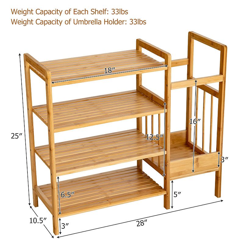 4-Tier Wicker Shoe Rack Organiser with Umbrella Holder-Natural