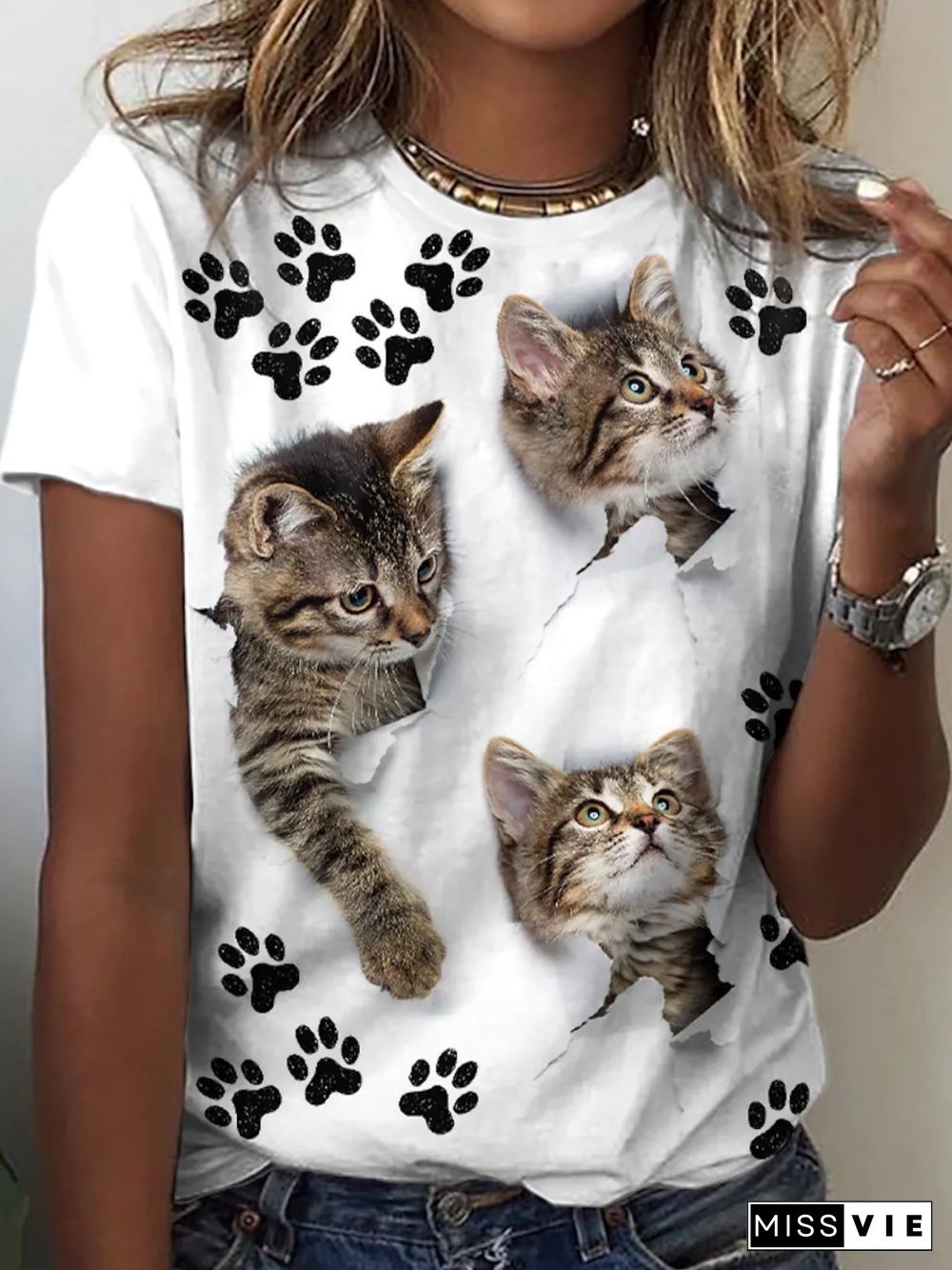 Casual Cat Short Sleeve Round Neck Plus Size Printed Tops T-shirts