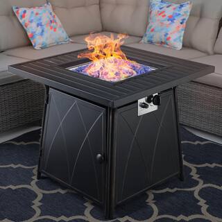 PHI VILLA 28.3 in. x 24.8 in. 50000 BTU Square Metal Gas Fire Pit Table with Lid and Blue Fire Glass THD-E02GS001