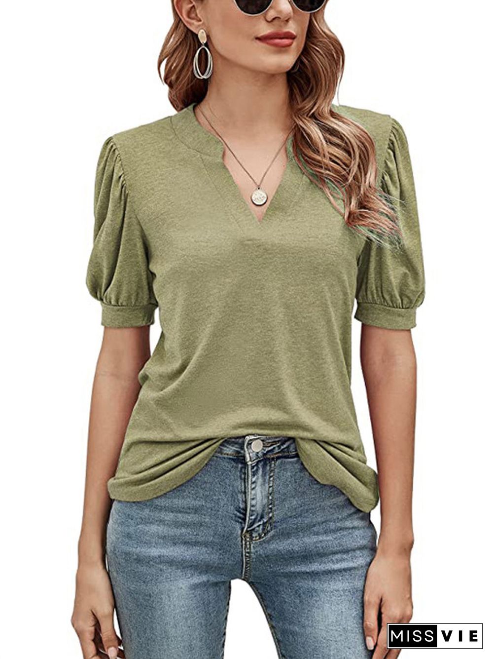 Simple Solid Color V-Neck Puff Sleeves T-Shirt Top