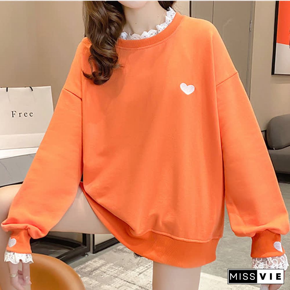 Pure Color Round Collor Love Heart Sweatshirt