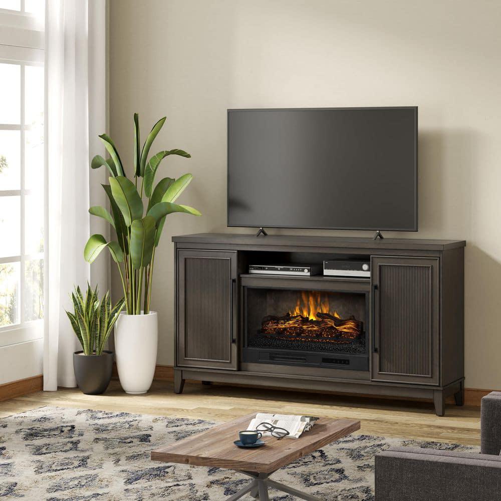 SCOTT LIVING BLAINE 65 in Freestanding Media Console Wooden Electric Fireplace in Dark Brown Birch