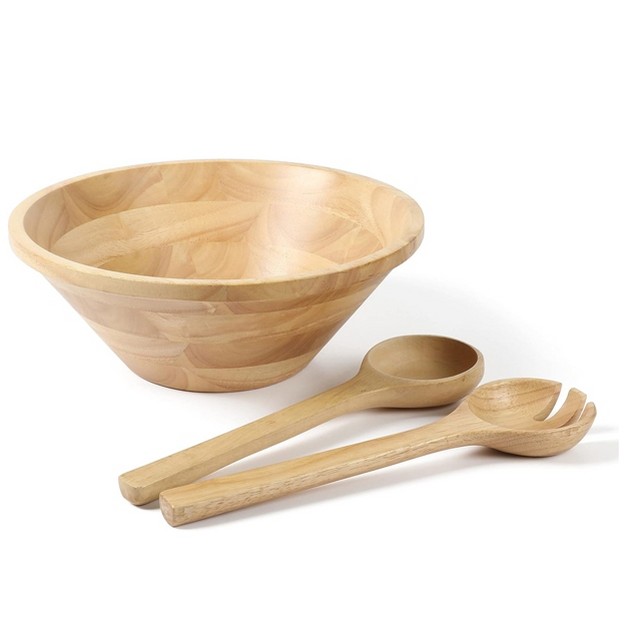 Martha Stewart Coban 3 Piece Rubber Wood Salad Bowl And Servers Set In Light Brown