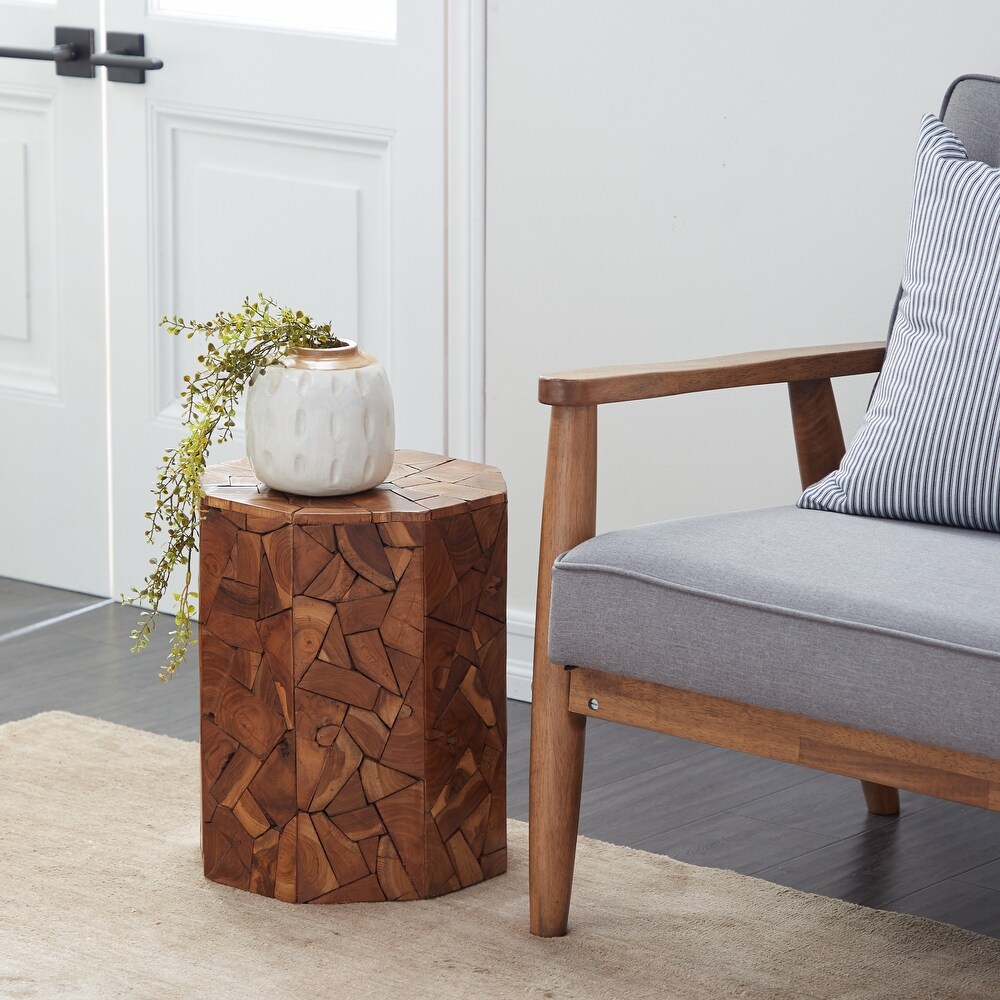 Brown Teak Wood Handmade Accent Table with Mosaic Wood Chip Design