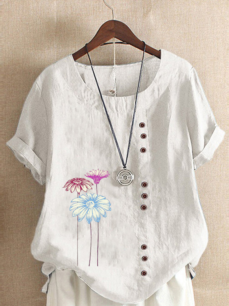 Round Neck Casual Loose Floral Short Sleeve Blouse