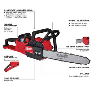 MW M18 FUEL 16 in. 18-Volt Lithium-Ion Battery Brushless Cordless Chainsaw Kit w12.0 Ah Battery Charger Chainsaw Case 2727-21HD-49-16-2747