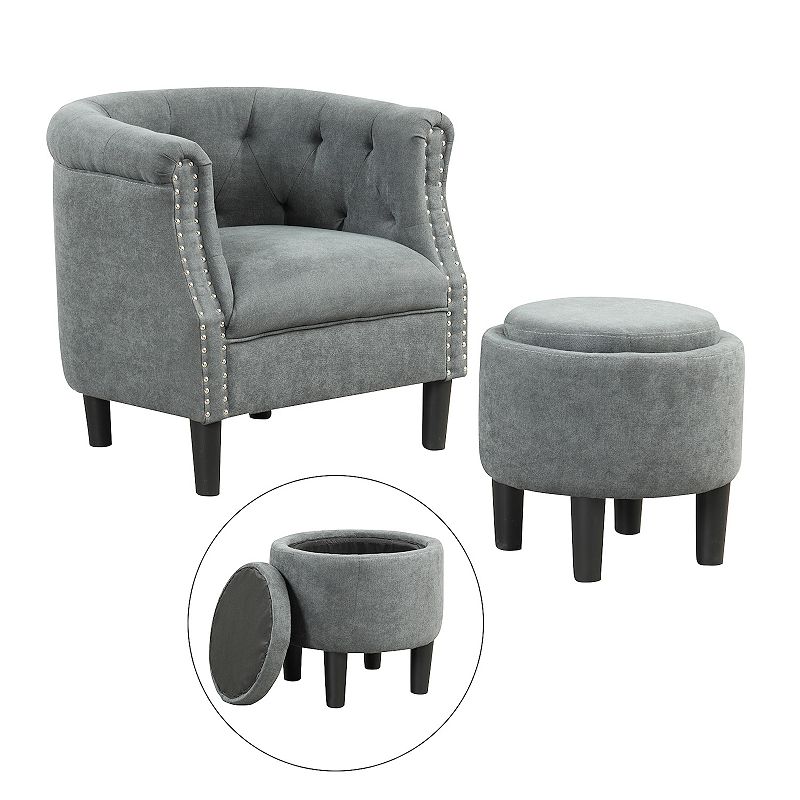 Modern Accent Chair with Ottoman Armchair Barrel Sofa Chair and Footrest-Grey