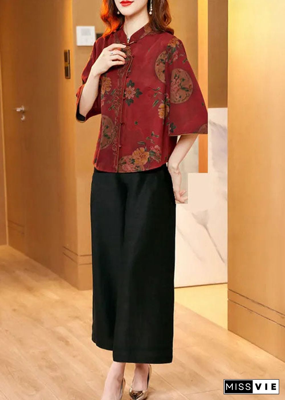 Red Oriental Silk Shirt And Wide Leg Pants Two Piece Set Button Summer