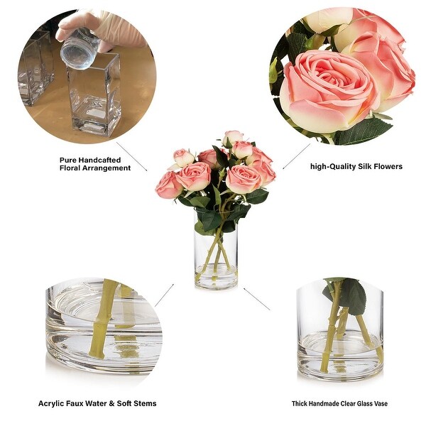 Enova Home Artificial Silk Rose Flowers in Clear Glass Vase with Faux Water for Home Office Wedding Decoration