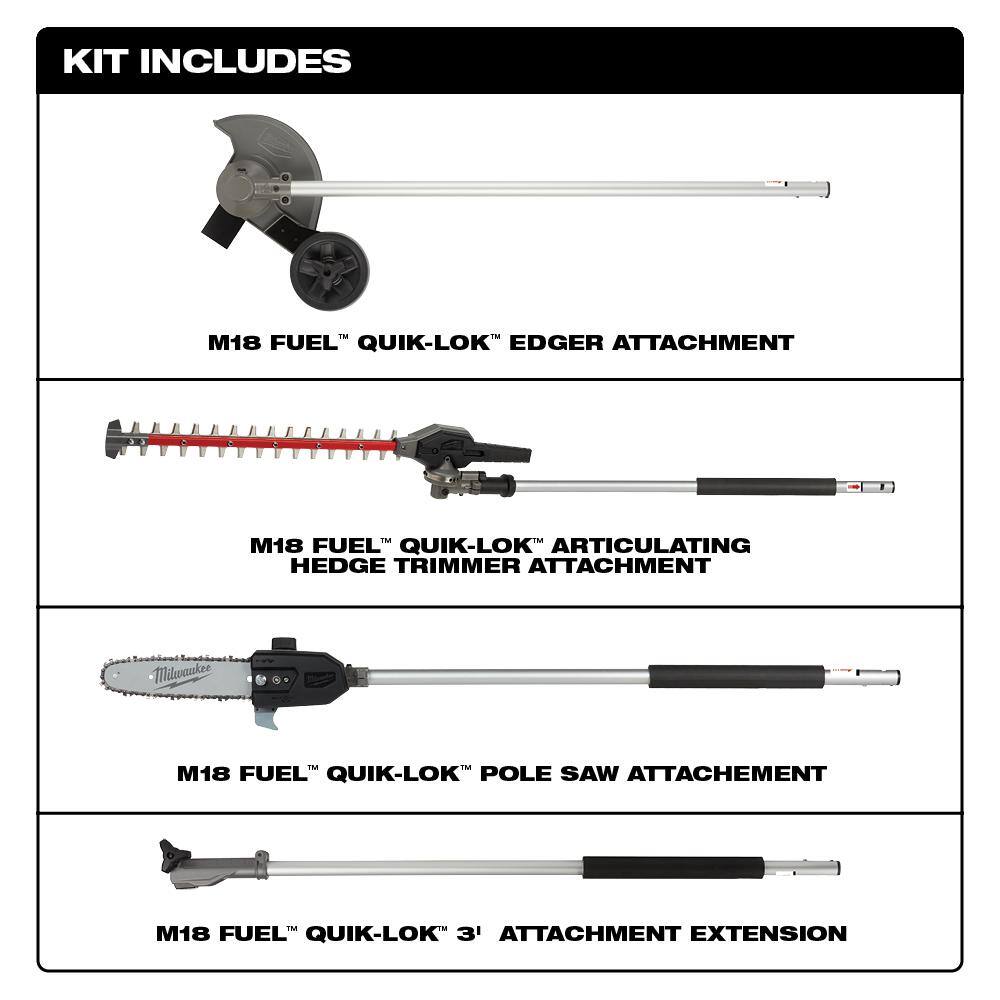 MW M18 FUEL QUIK-LOK 10 in. Pole Saw and Edger and Articulating Hedge Trimmer and 3 ft. Extension Attachments Set 49-16-2718-49-16-2719-49-16-2720-49-16-2