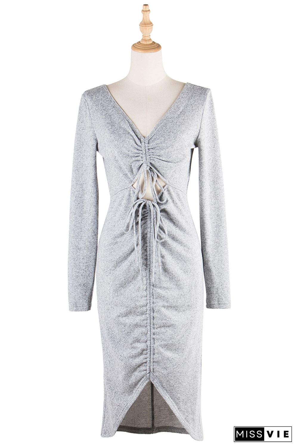 Grey V Neck Smocked Split Bodycon Dress