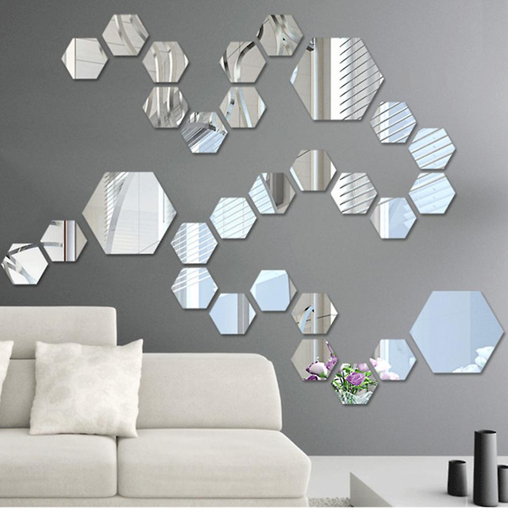 Silver M 12 Piece 3d Hexagon Acrylic Mirror Wall Stickers Diy Art Decoration Mural Stickers Home Decor Living Room Mirror Sticker Decorative Silver Me