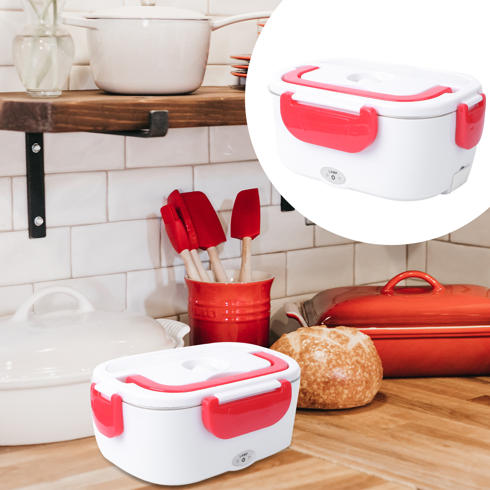 Portable Electric Heated Car Plug Heating Lunch Box Travel Food Warmer Container (Red)