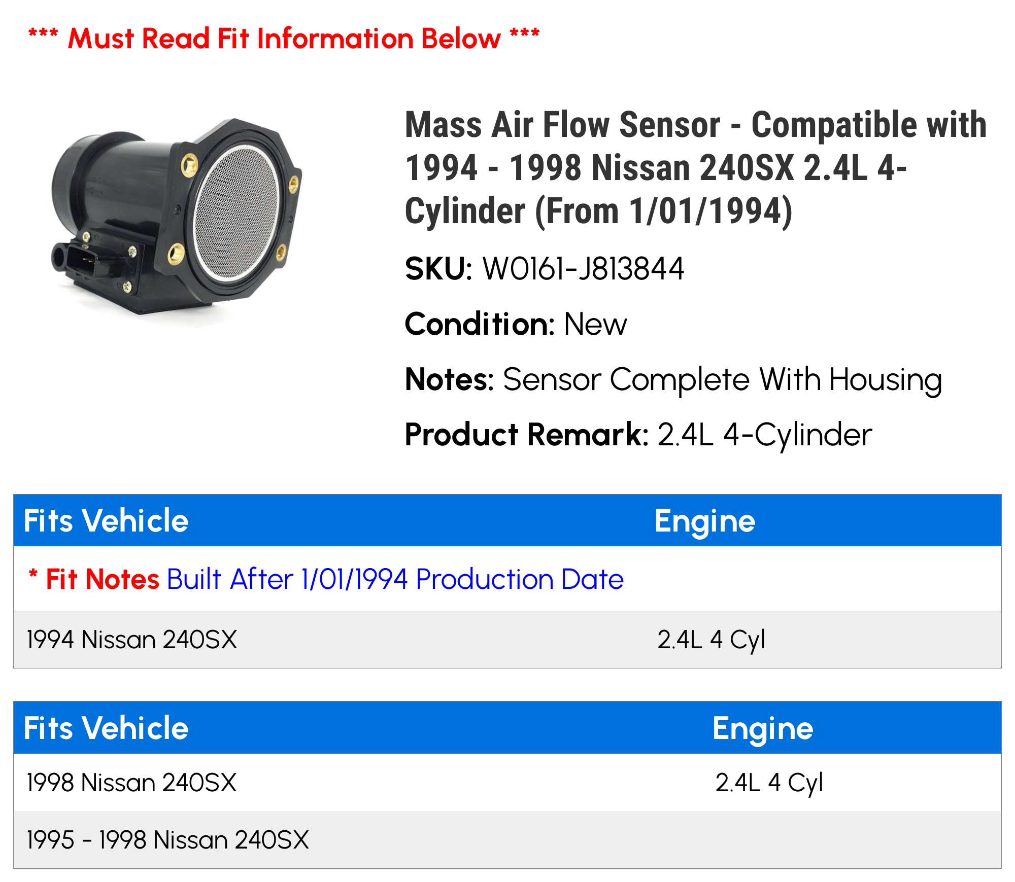 Mass Air Flow Sensor - Compatible with 1994 - 1998 Nissan 240SX 2.4L 4-Cylinder (From 1/01/1994) 1995 1996 1997