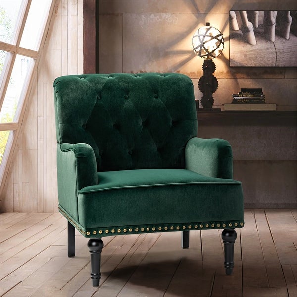 Geltrude Transitional Upholstered Button Tufted Club Chair with turned wooden Legs by HULALA HOME