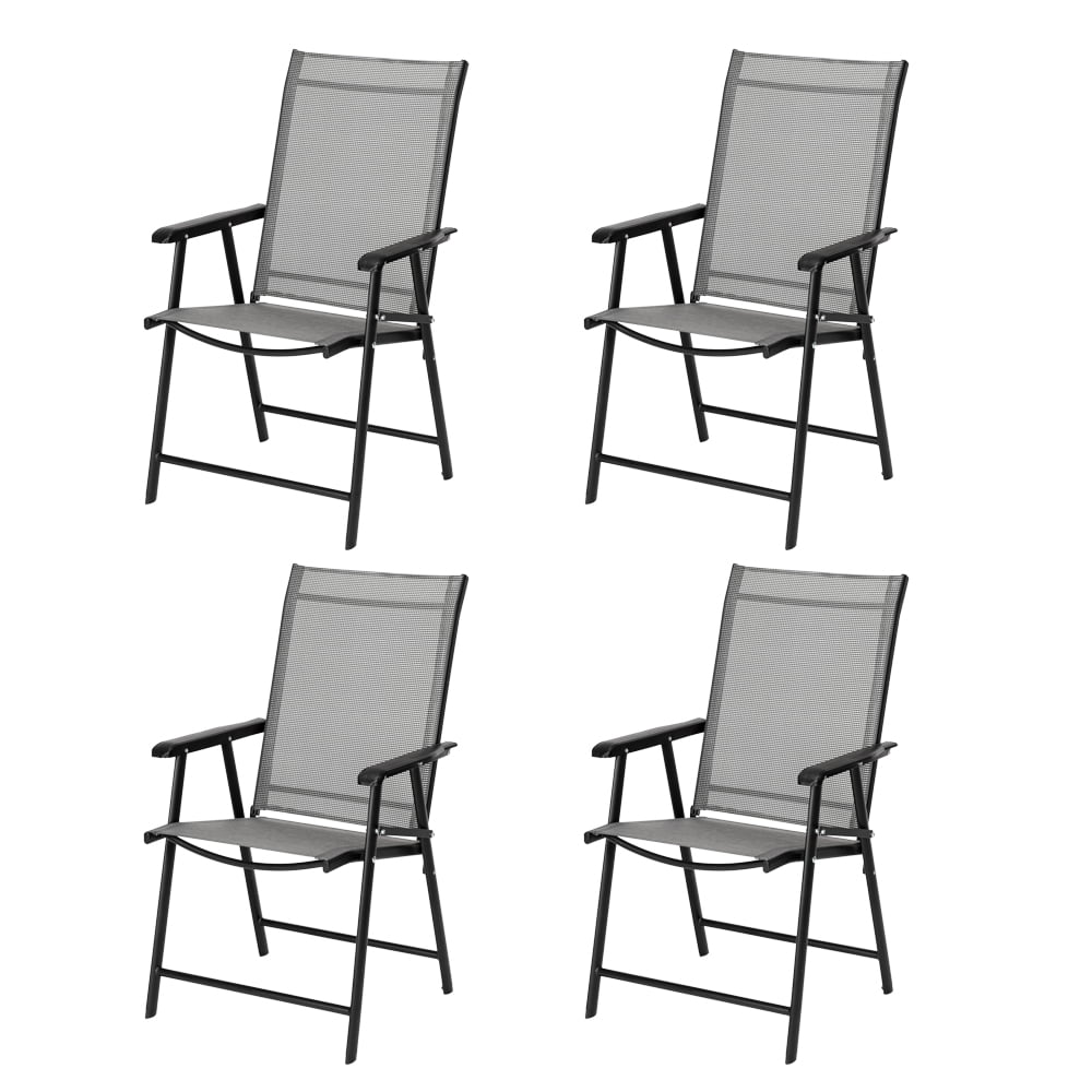 VINGLI Upgraded Version Set of 4 Folding Chairs with Arms, Portable Patio Chairs for Outdoor & Indoor, Sling Back Chairs for Lawn, Pool, Courtyard, Balcony & Garden (Grey)