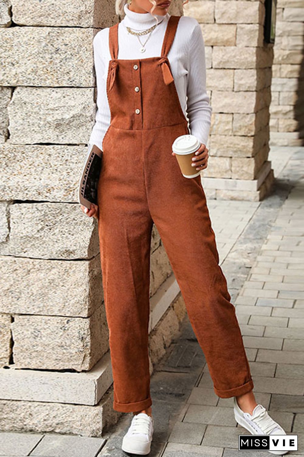 Brown Button Down Tie Strap Corduroy Jumpsuits