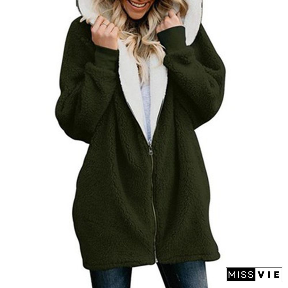 Fashion Solid Color Long-sleeved Hooded Knit Cardigan Jacket Winter Warm Zipper Coat