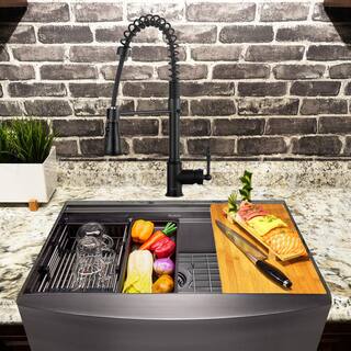 AKDY All-in-One Matte Black Finished Stainless Steel 33 in. x 22 in. Farmhouse Apron Mount Kitchen Sink with Faucet KS0532-KF12