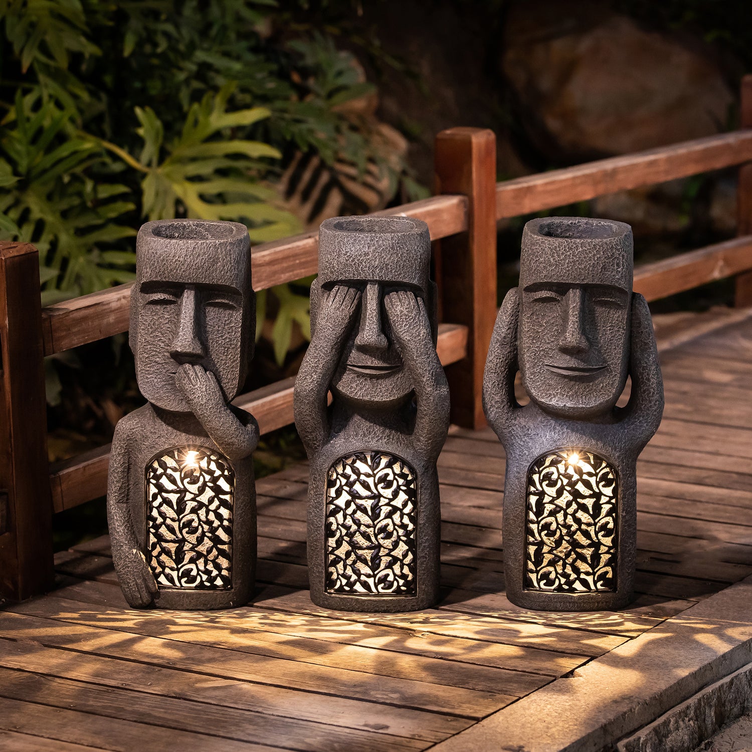 Luxen Home 21" Gray MgO Easter Island Garden Statues (3 Pieces)