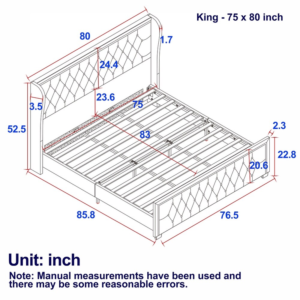 Velvet Wide Wingbacks Platform Bed Frame with Adjustable Colorful LED Light Frame Stitched Button Tufted High Headboard