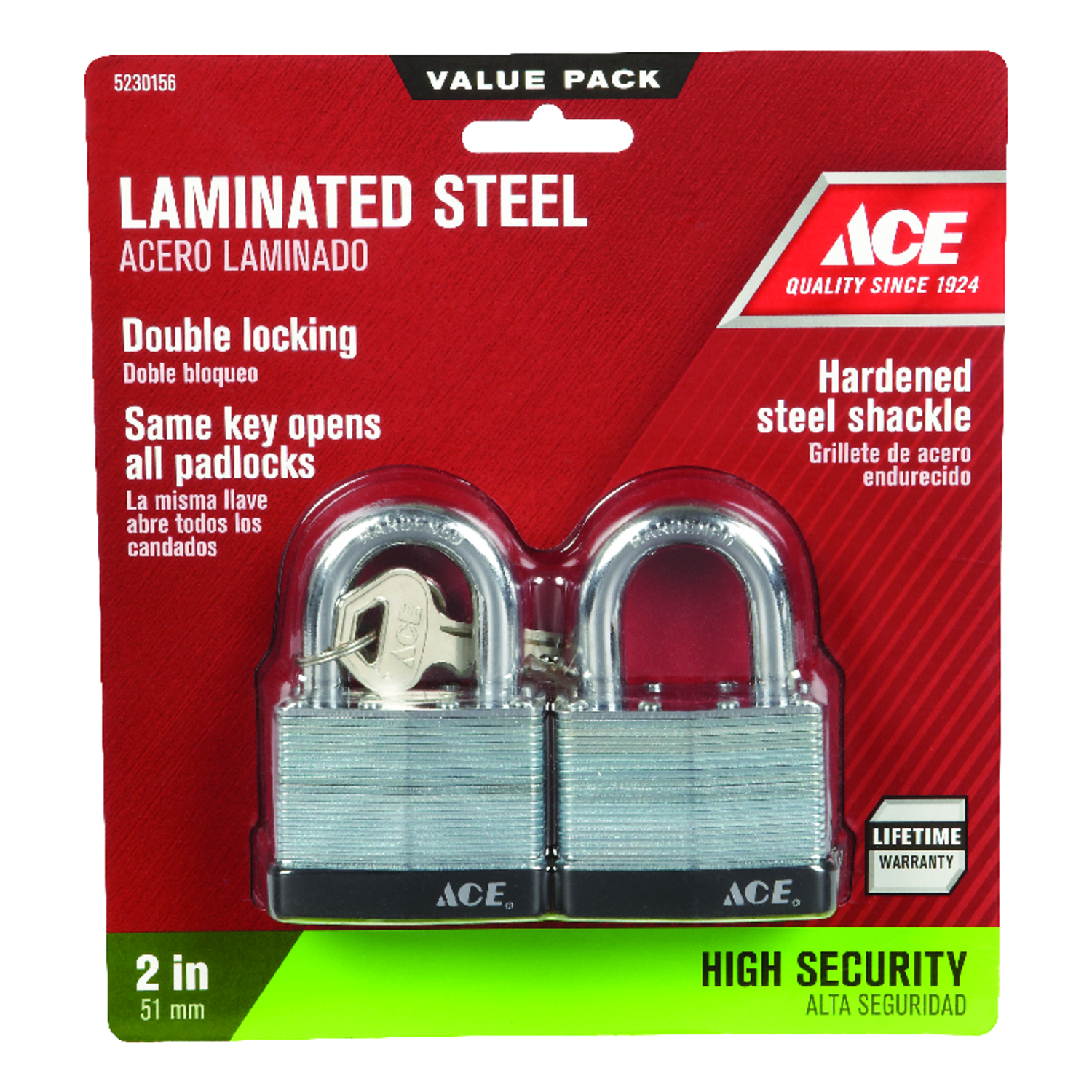 Ace 1-1/2 in. H X 2 in. W X 1-1/16 in. L Laminated Steel Double Locking Padlock Keyed Alike