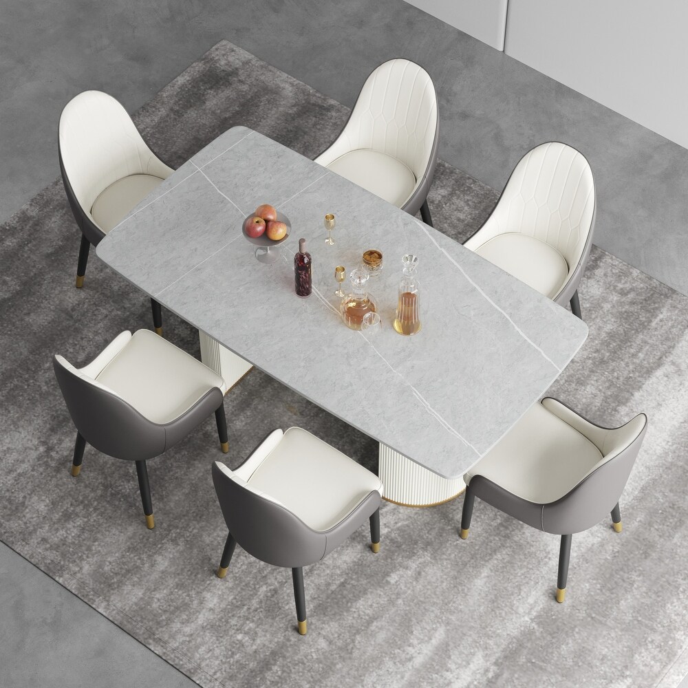 71 '' Modern Dining Table for 8  Rectangular Curved Marbel Tabletop + Beige Double Pedestal   N/A