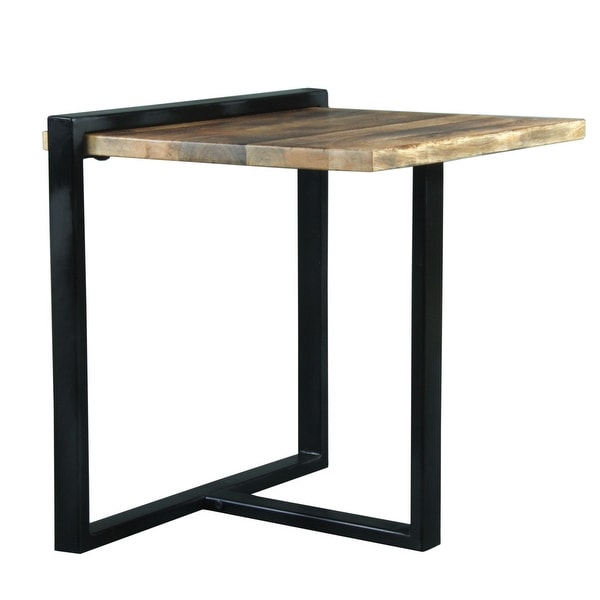 Industrial End Table with Wooden Rectangular Top and Metal Frame， Brown and Black