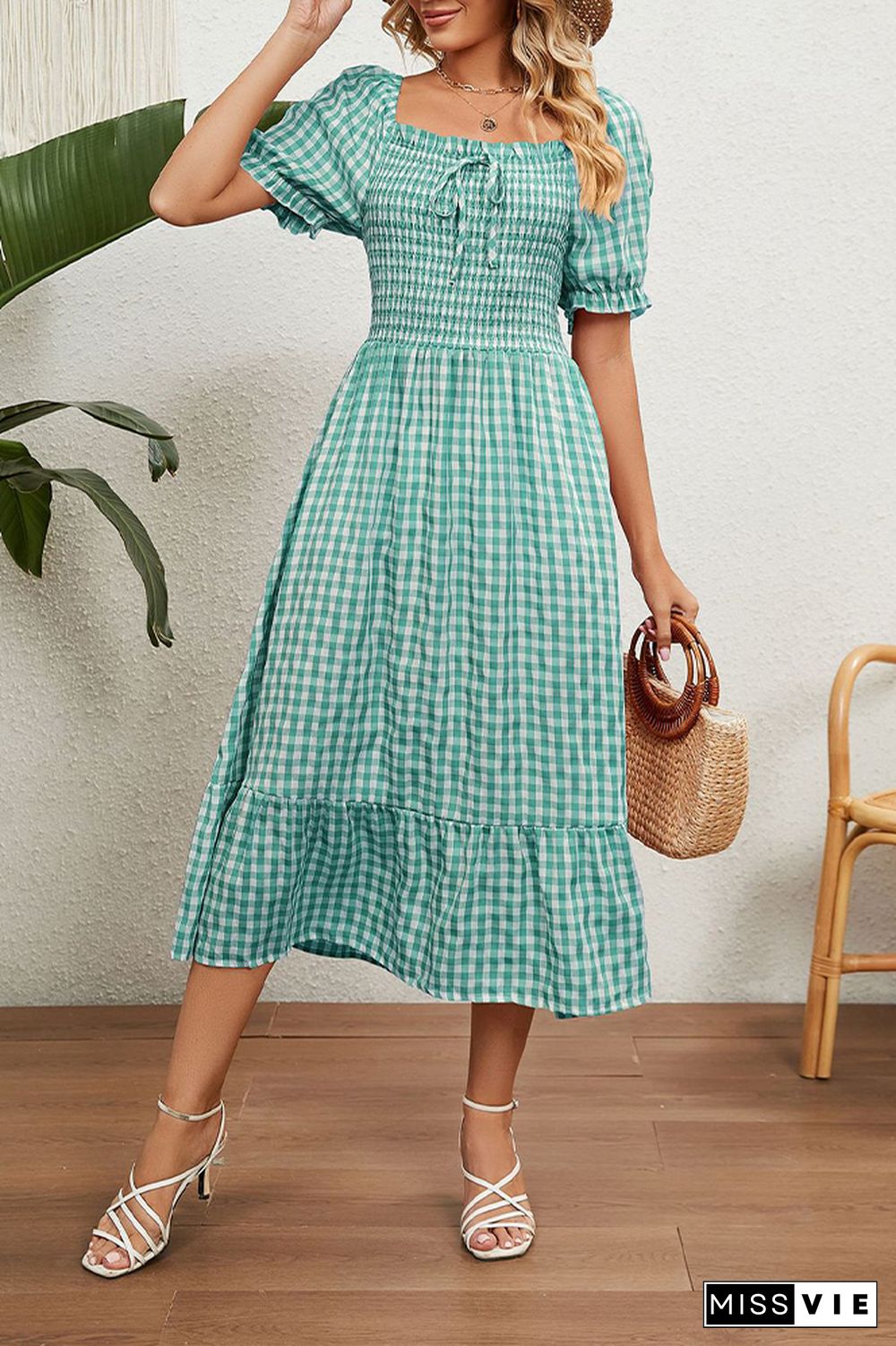 Square Neck Plaid Long Dress