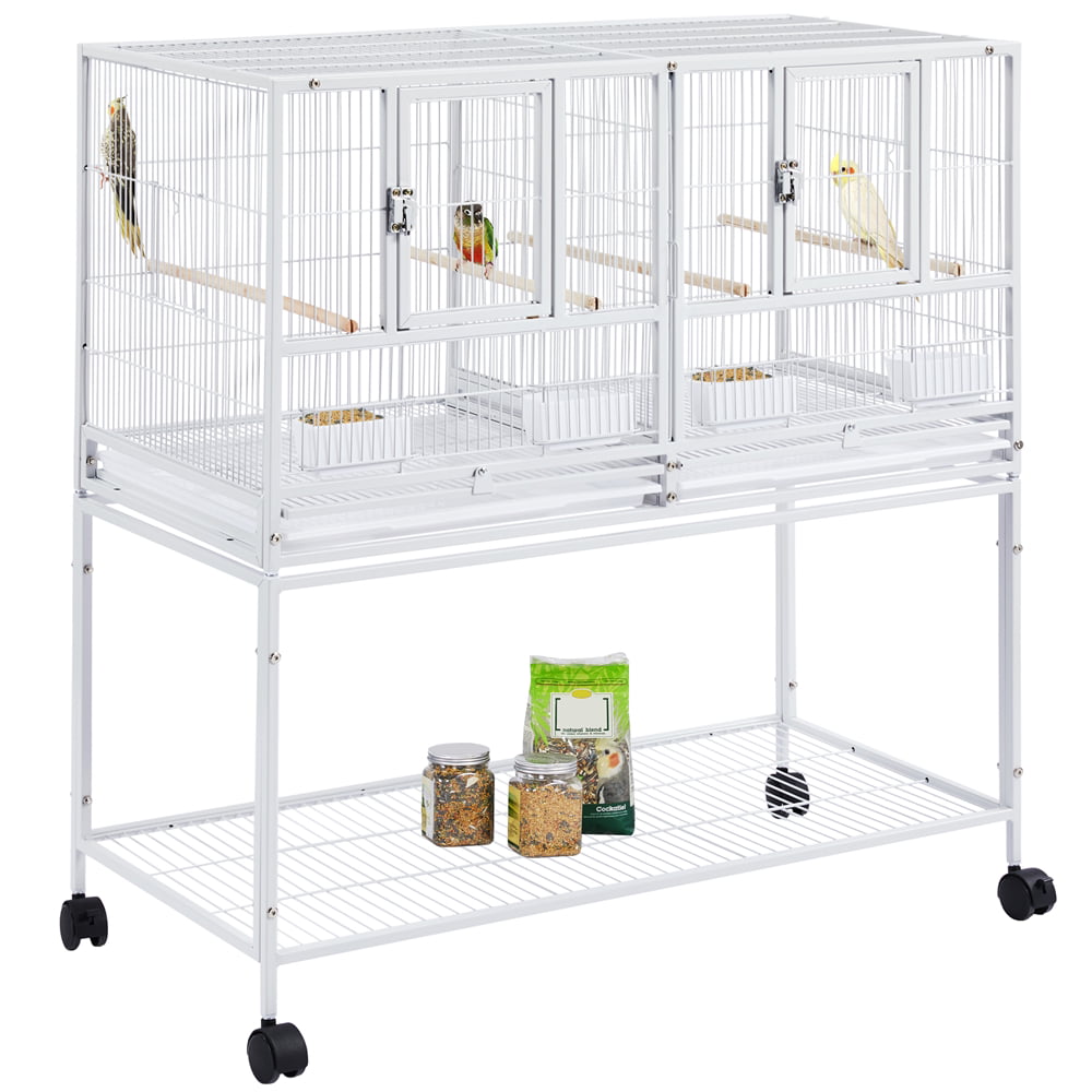 SMILE MART Stackable Wide Bird Breeder Cage with Rolling Stand， White， Metal， Divided