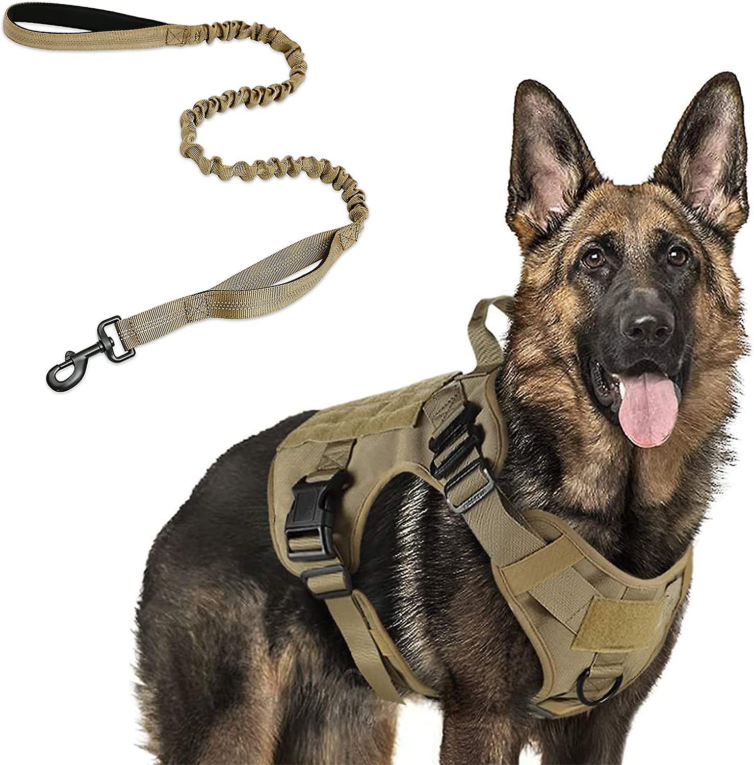 Tactical Dog Harness And 5.2ft Bungee Leash， Military Dog Harness Set For Large Medium Dogs， Hunting， Training - -