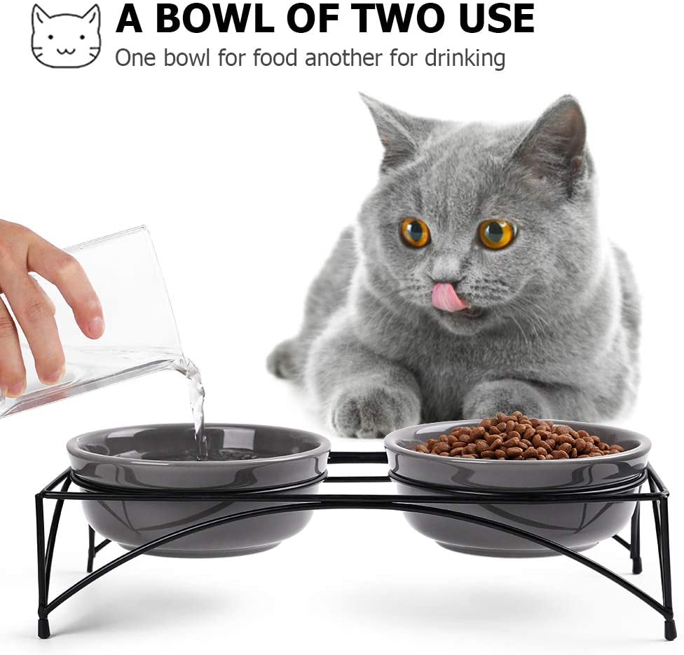 Y YHY Ceramic Pet Bowls with Stand, 12 Ounces Raised Cat Dishes,Elevated Pet Bowls Non-skid for Cats/Puppys, Gray