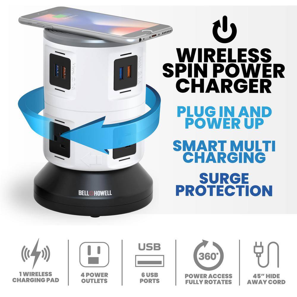 Bell + Howell 4-Outlets6 Spin Power Wireless USB Surge Protector Electric Charging Station Power Tower with Wireless Dock 7896