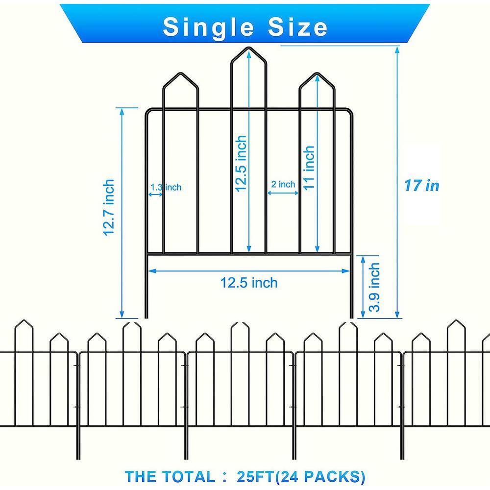 Oumilen 25 ft. L x 17 in. H Black Metal Decorative Garden Fence Total Fence Panel No Dig Garden Edging Border (24-Pack) ON-ZL04