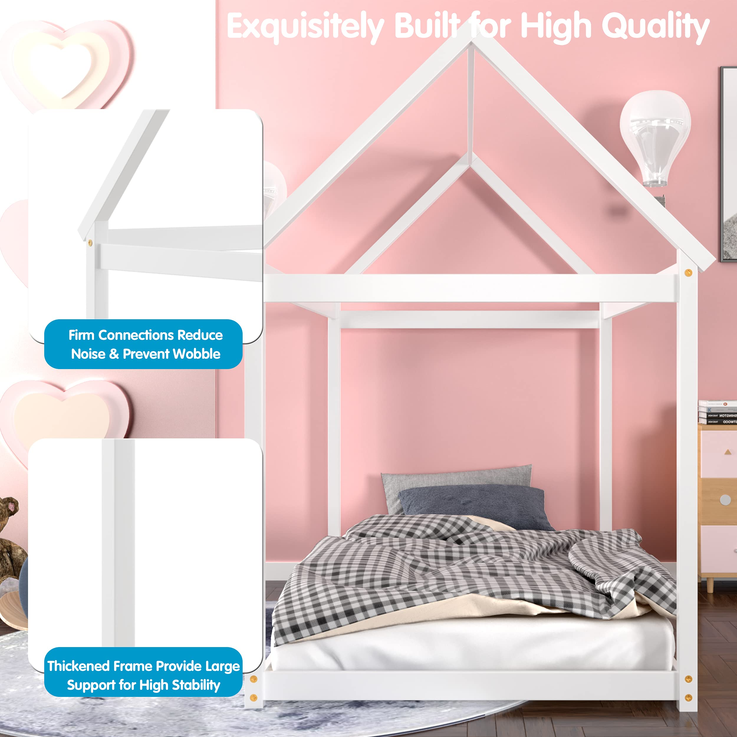 Costzon Twin House Bed Frame, Stable Kids Platform Floor Bed w/Roof & Heavy-Duty Slats