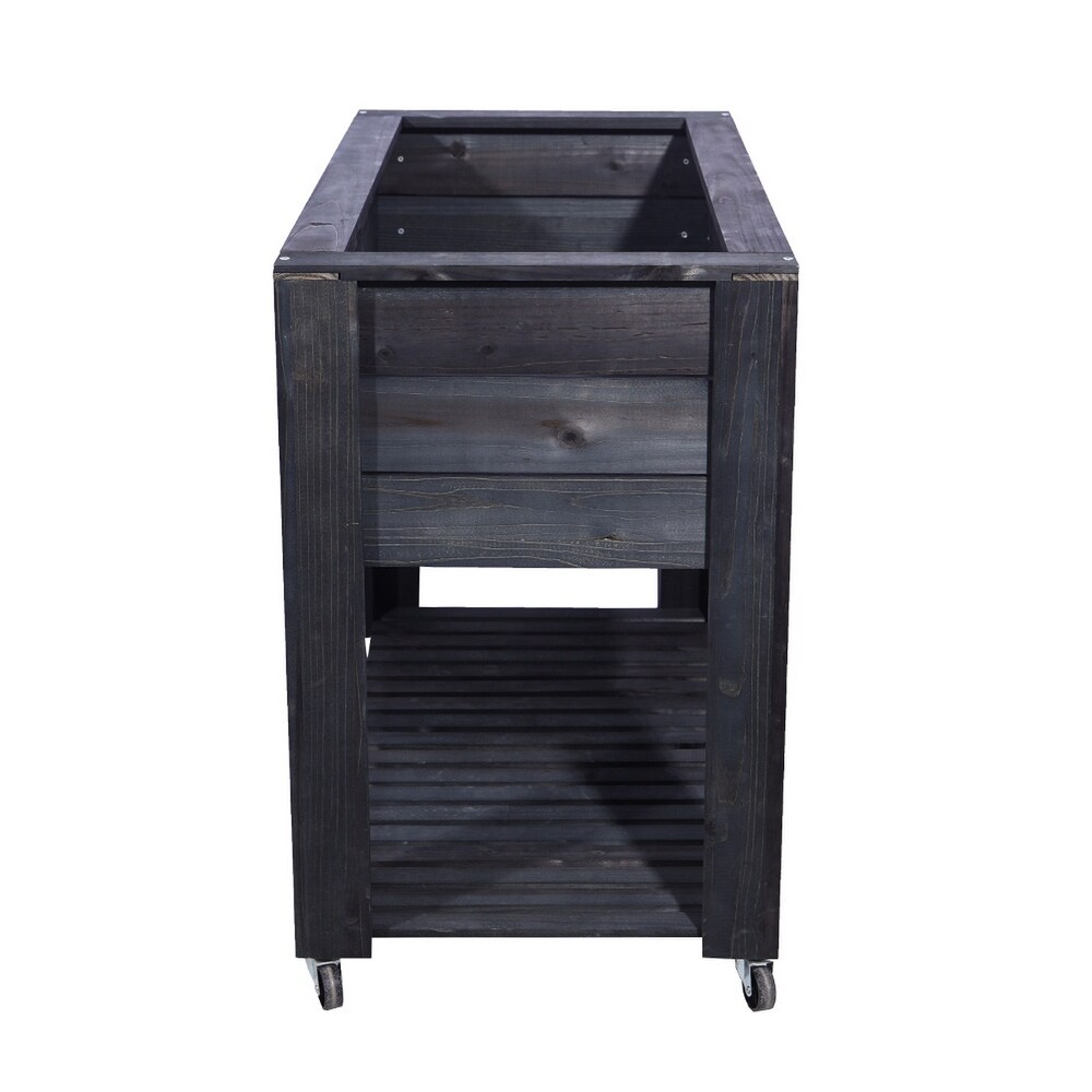 40 in x 32 in x 20 in Grey WoodenElevated Planter with Shelf and Wheel   40x32x20