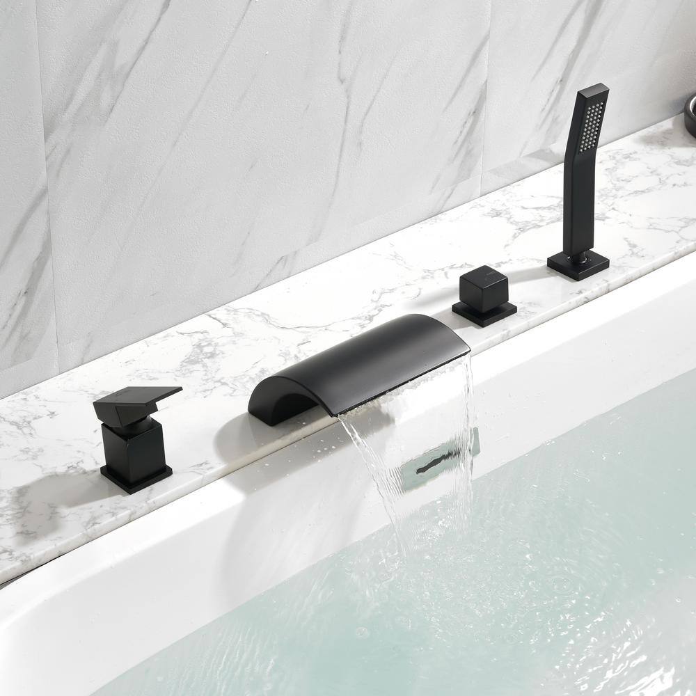 Boyel Living 2-Handle Tub Mount Roman Tub Faucet with Water Supply Lines and Hand Shower in Matte Black SMD-1720B-1