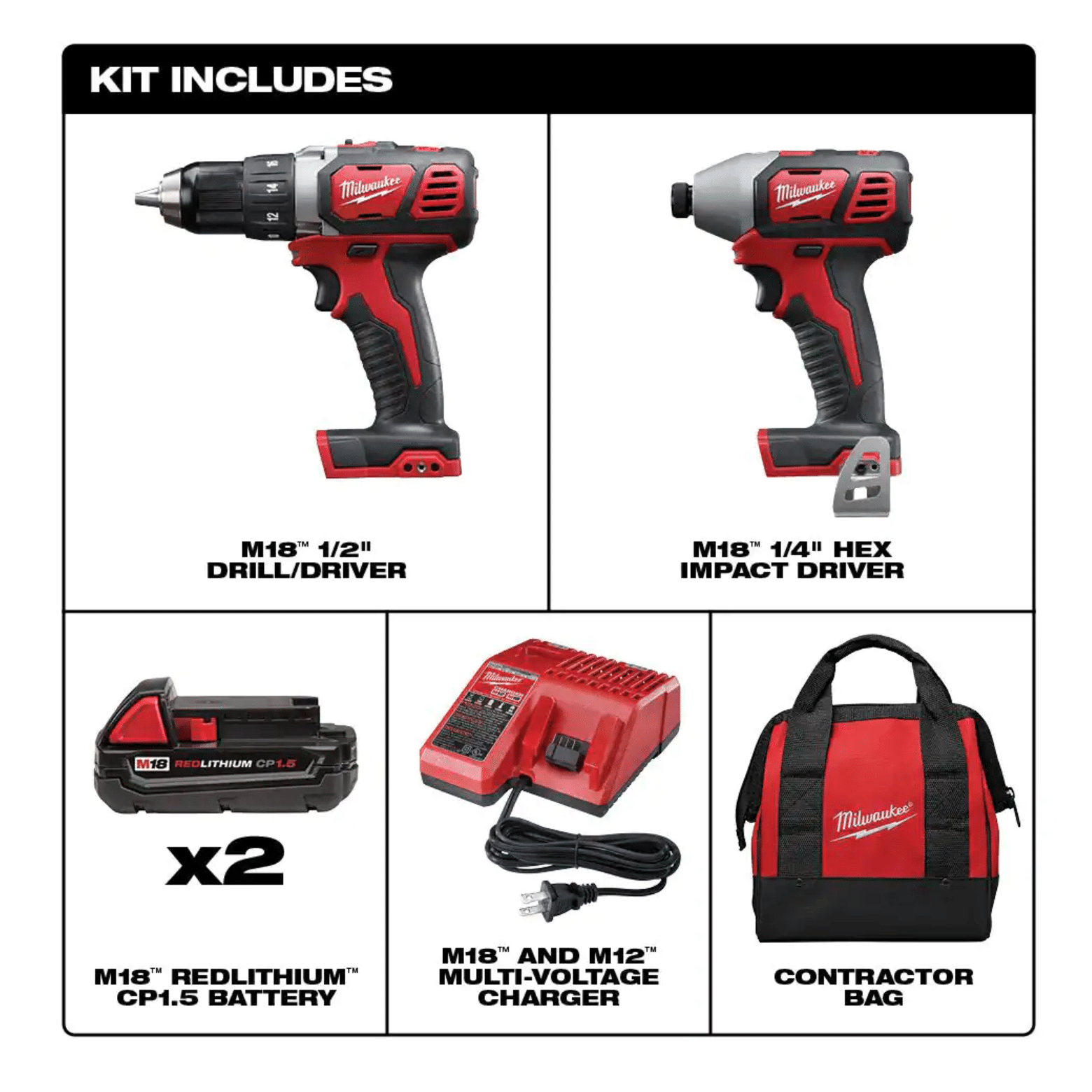 Milwaukee M18 18V Lithium-Ion Cordless Drill Driver/Impact Driver Combo Kit (2-Tool) w/ 2x1.5Ah Batteries， Charger Tool Bag (2691-22)