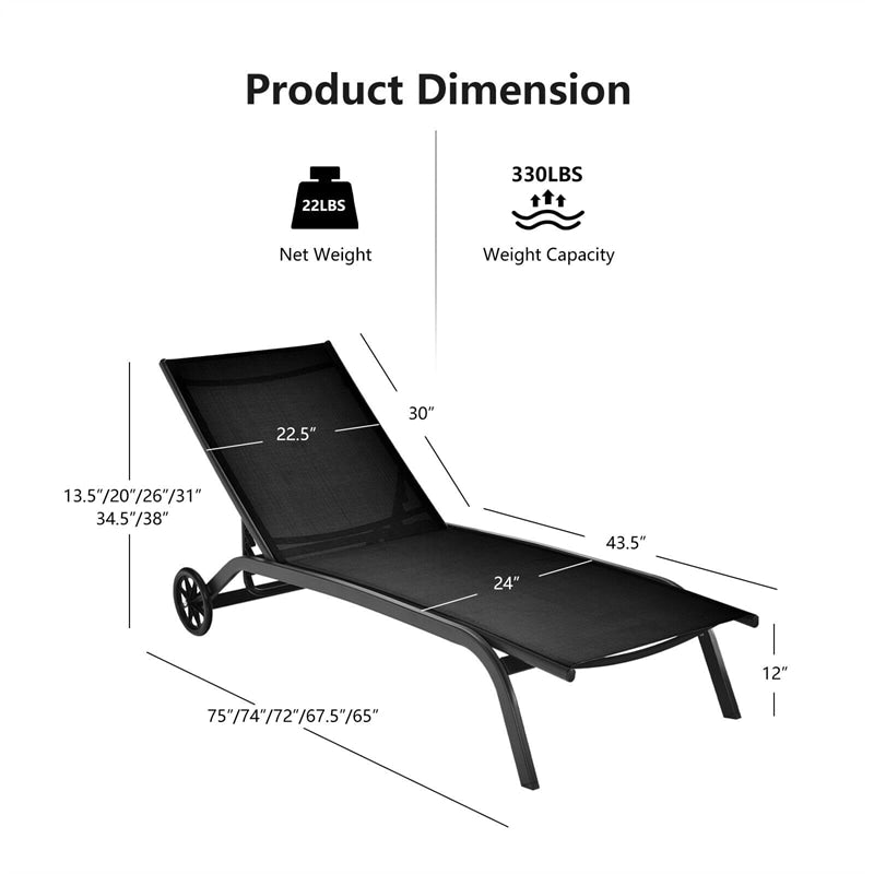 Quick-Drying Outdoor Chaise Lounge Chair with Wheels, 6-Position Patio Beach Pool Lounge Chair Lawn Sun Lounger