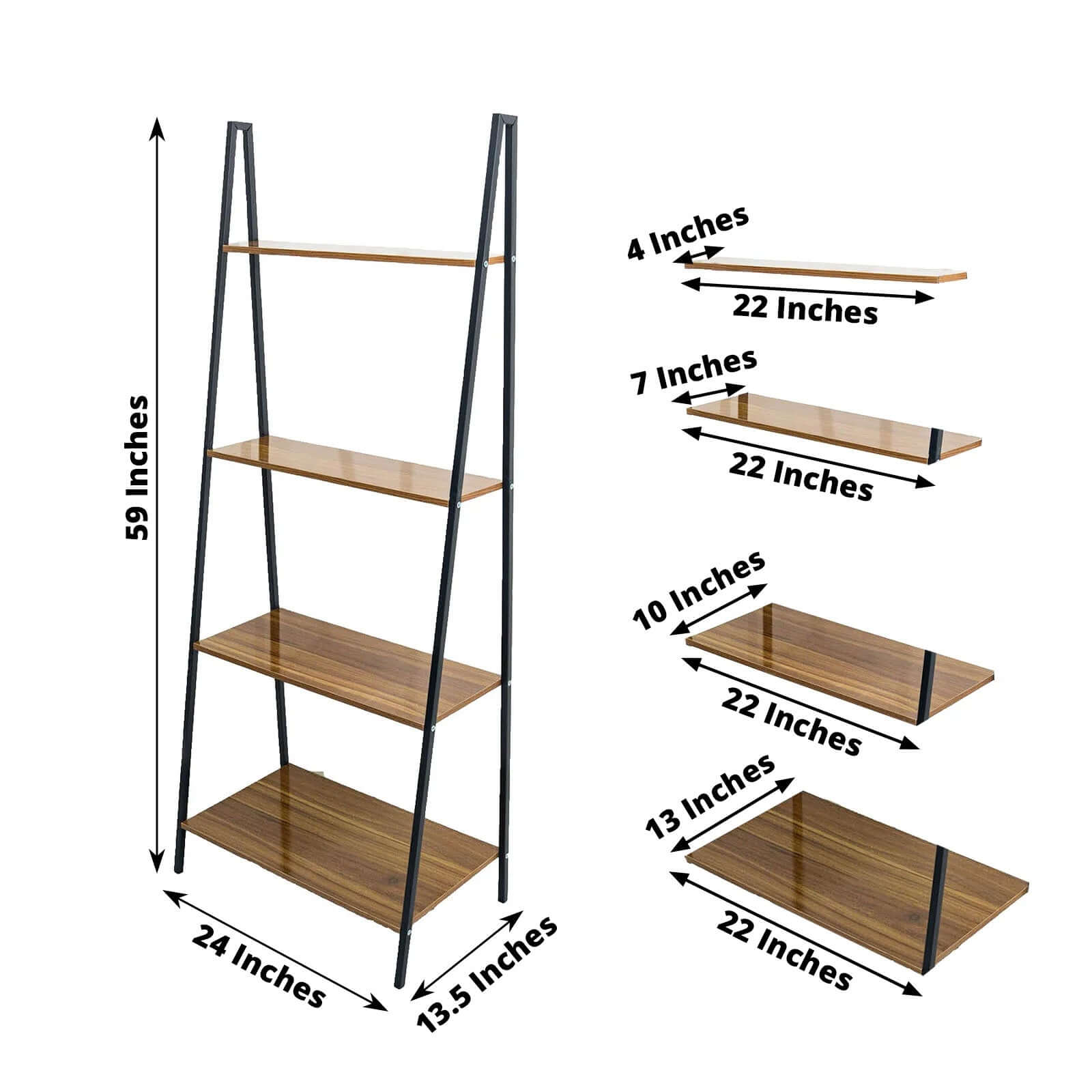 4-Tier Metal Leaning Ladder Bookshelf Stand With Natural Wood Racks for Events - 5ft