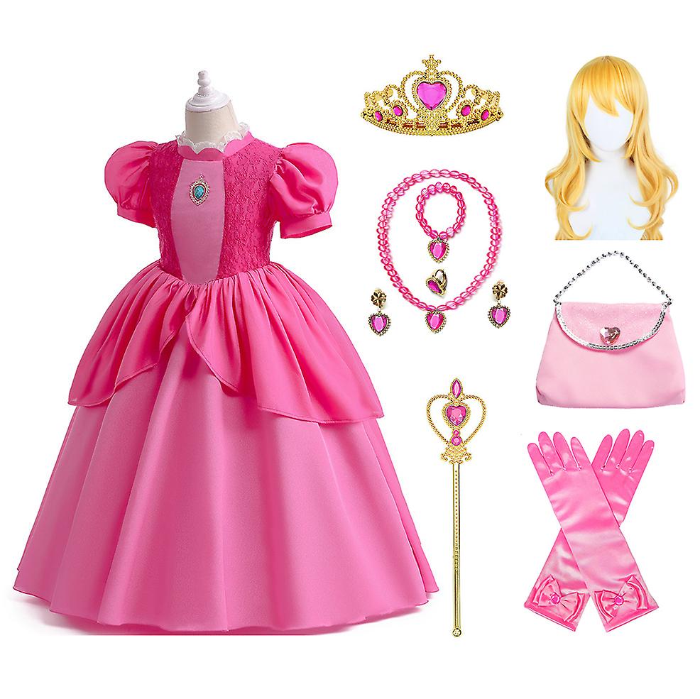 10pcs Girls Princess Peach Dress With Wig Super Brothers Cosplay Costume Fancy Dress Outfits Role Play